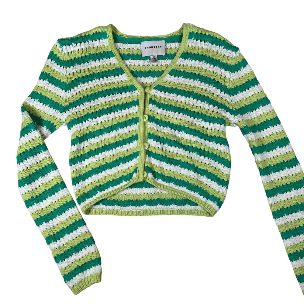INDUSTRY Striped Knit Cropped Cardigan Sweater Green White S P
